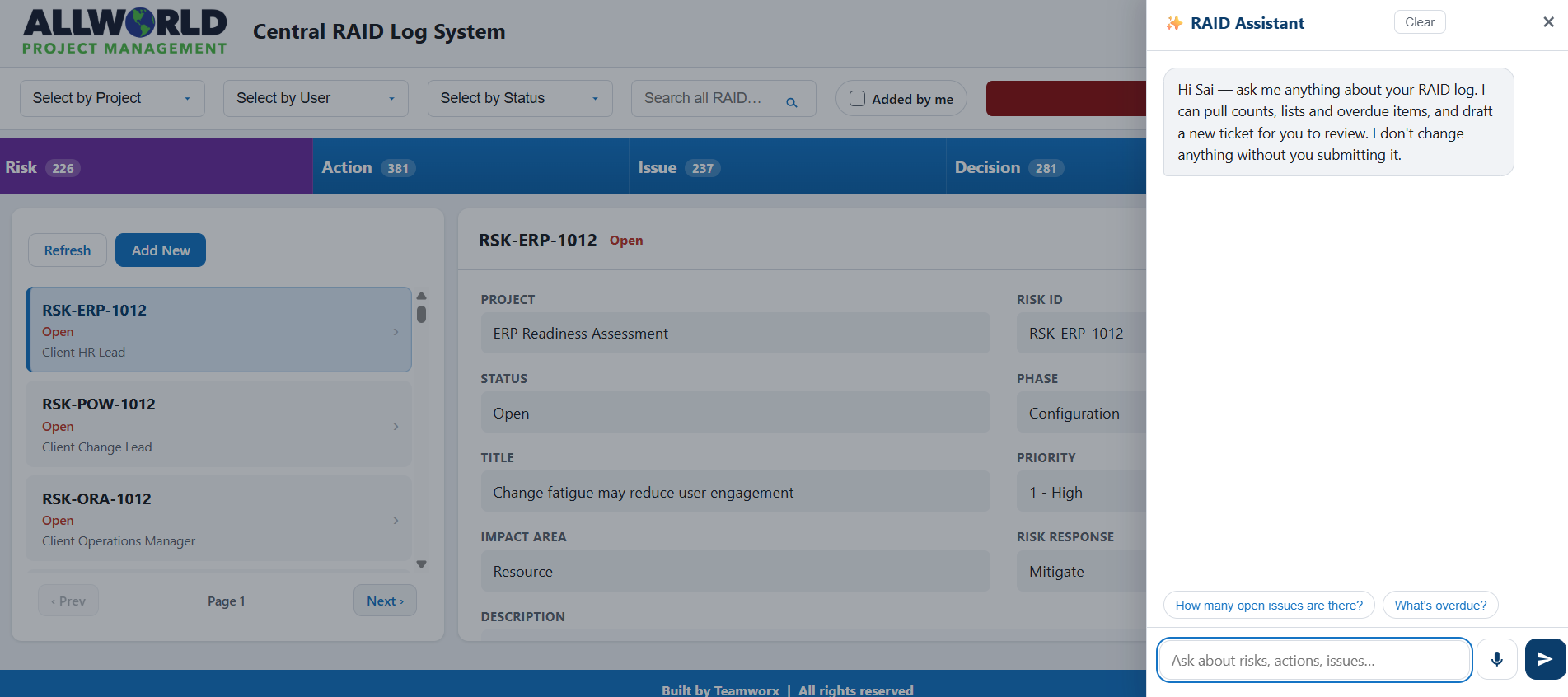Central RAID Log System with Agentic AI Assistant